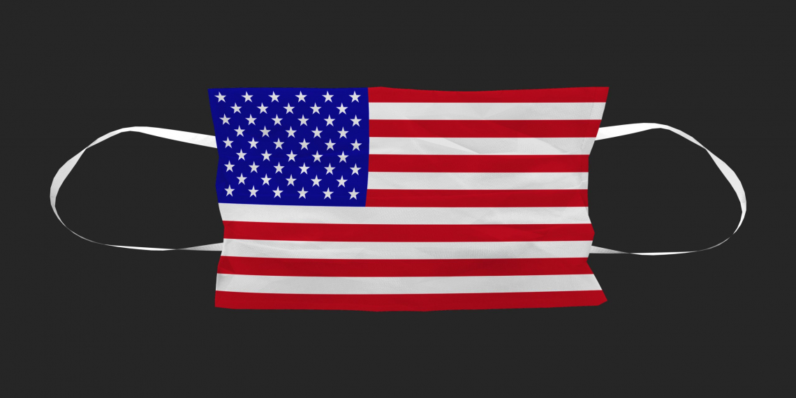 3d rendering. America flag Surgical face mask with clippin path isolated on black background.