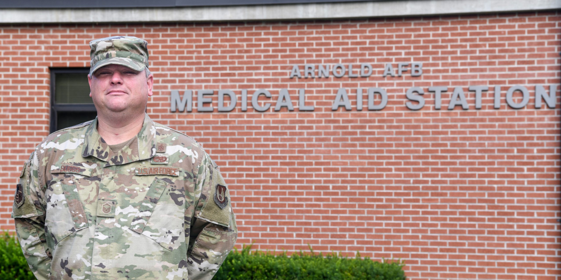 Master Sgt. Joshua Suggs is the branch chief for the Medical Aid Station at Arnold Air Force Base. He delayed his retirement when the COVID-19 pandemic increased the unit's workload. (U.S. Air Force photo by Jill Pickett)