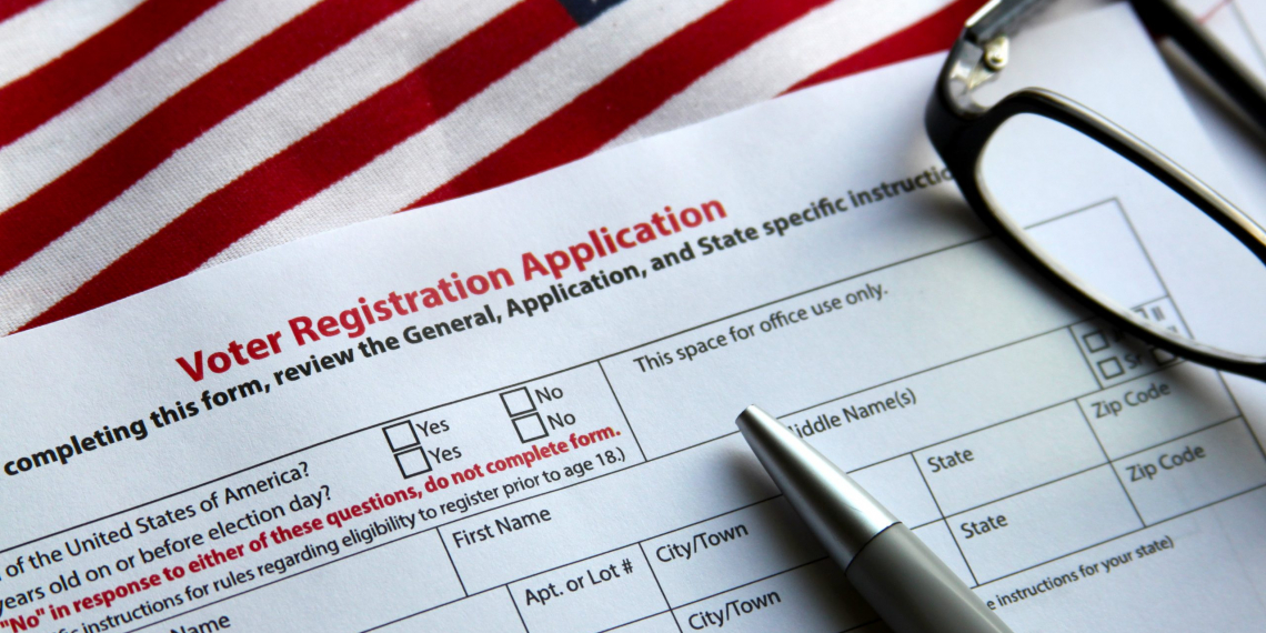 Voter registration form with flag of United States of America