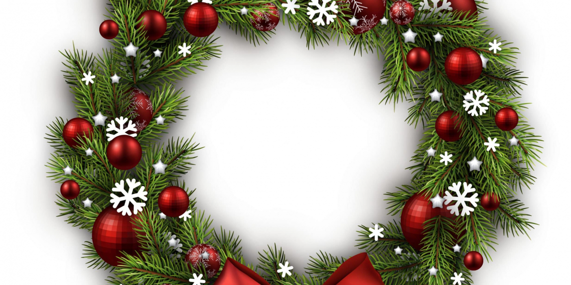 Christmas wreath with red bow isolated on white background. Vector illustration.
