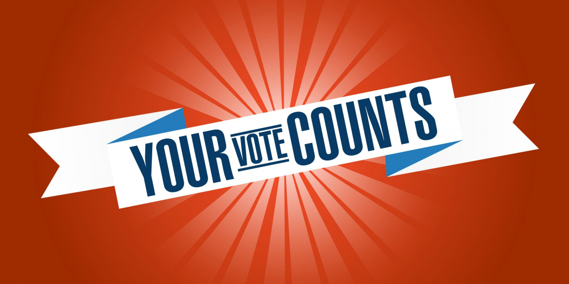 Your vote counts bright ribbon message  isolated over a red background