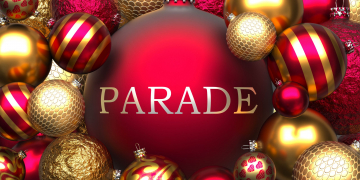 Parade and Xmas, pictured as red and golden, luxury Christmas ornament balls with word Parade to show the relation and significance of Parade during Christmas Holidays, 3d illustration