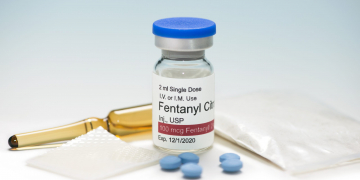 Fentanyl Citrate vial with ampule, patch, powder and pills.