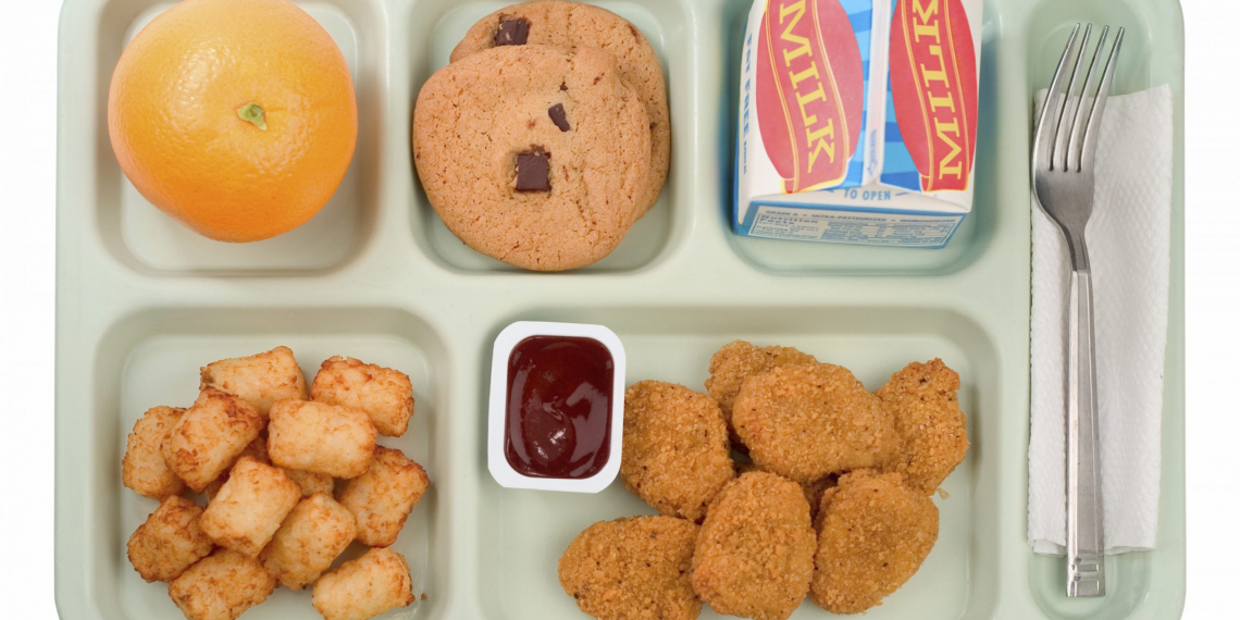 A straight shot of a tray of a typical schooll unch tray consisting of chicken nuggets, tater tots, an orange, cookies and milk.