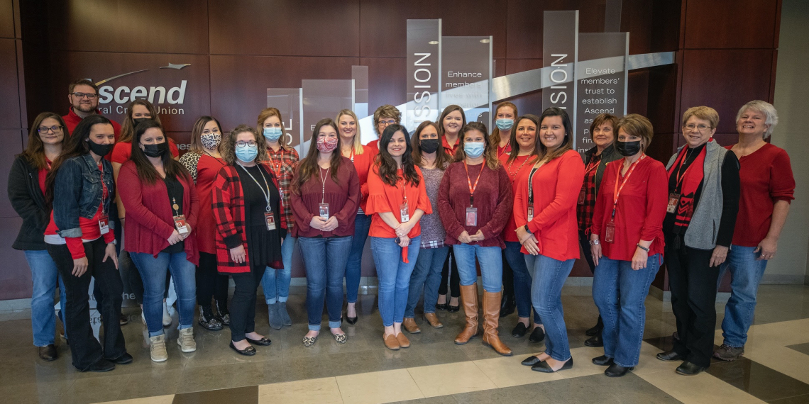Team members of Ascend's Tullahoma headquarters wearing red to support Go Red for Women campaign.